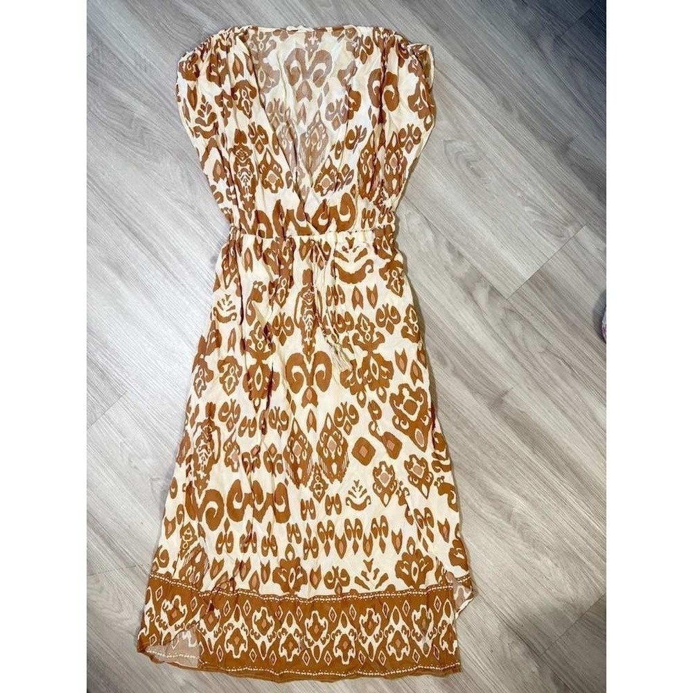 Strapless White and Brown Patterned Maxi Dress